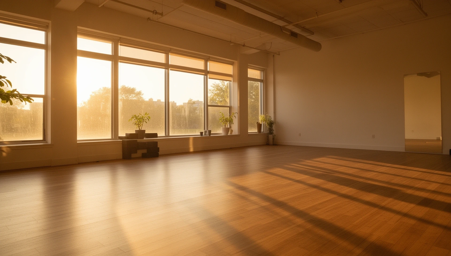 大阪のヨガスタジオ内観。木のフローリングと自然光。